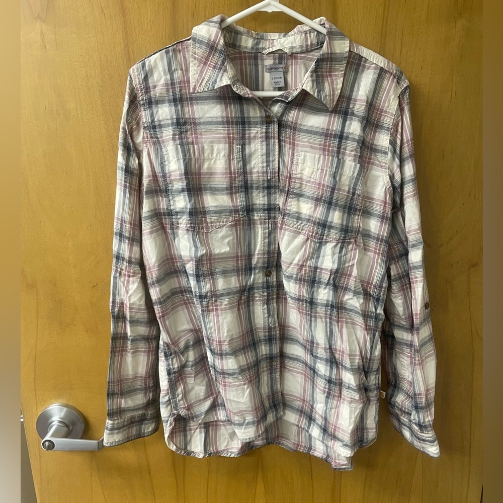 Carhartt Plaid Shirt with Pink and Gray Tones Women’s Size L 100% Cotton
